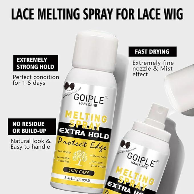 Goiple Lace Melting Spray for Wigs, Closures & Extensions - Styling Agent with Strong Natural Finish, Fast Drying, Water & Oil Resistant, Includes Hair Adhesive, Edge Control Wax & Hair Wax Stick - The Curl Lounge