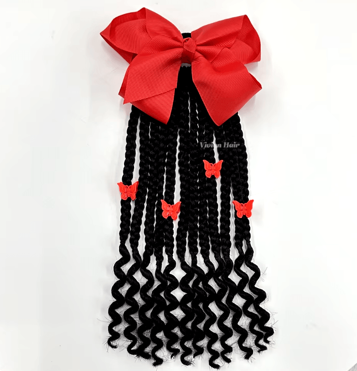 10 inch Kids Elastic Ponytail Box Braid Bow Butterfly Clips - The Curl Lounge