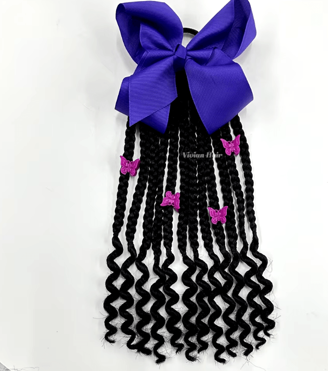 10 inch Kids Elastic Ponytail Box Braid Bow Butterfly Clips - The Curl Lounge